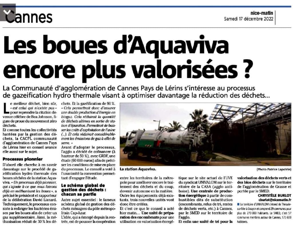 L'Agglo Cannes Lérins va créer une unité de gazéification hydrothermale pour produire de l’hydrogène et du biométhane — illustration 1