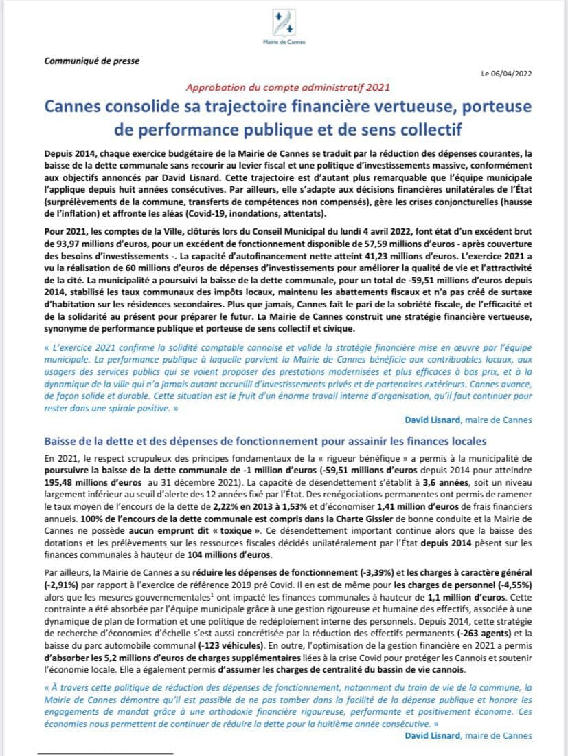 Cannes consolide sa trajectoire financière vertueuse, porteuse de performance publique et de sens collectif