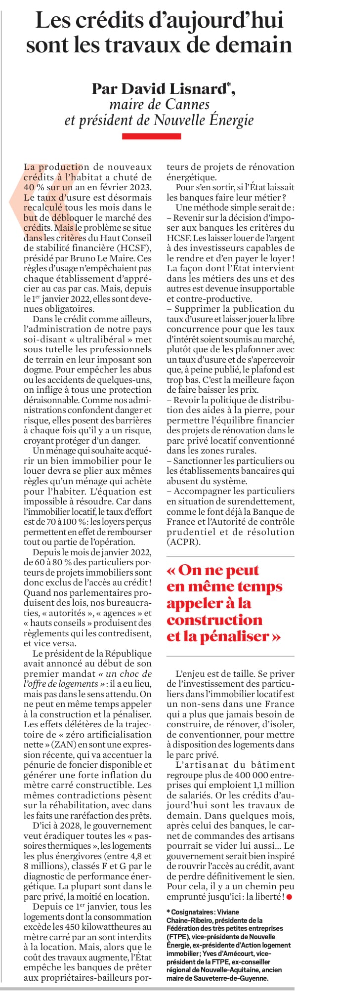 Les crédits d'aujourd'hui sont les travaux de demain