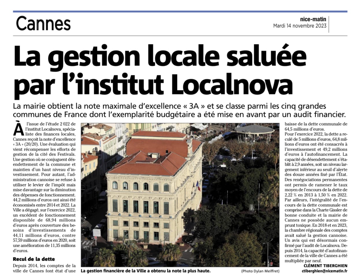 20/20 pour les finances de la Mairie de Cannes !