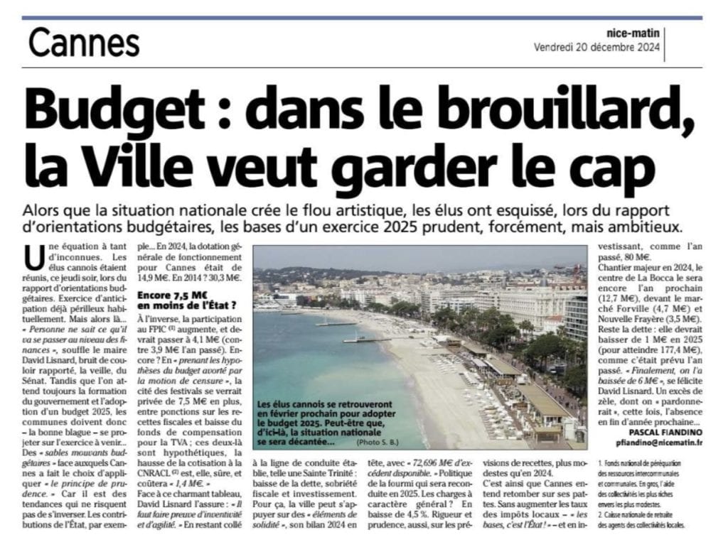 Pour la 11ème année consécutive, la Mairie de Cannes baissera la dette communale, n’augmentera pas les impôts et n’en créera pas.
