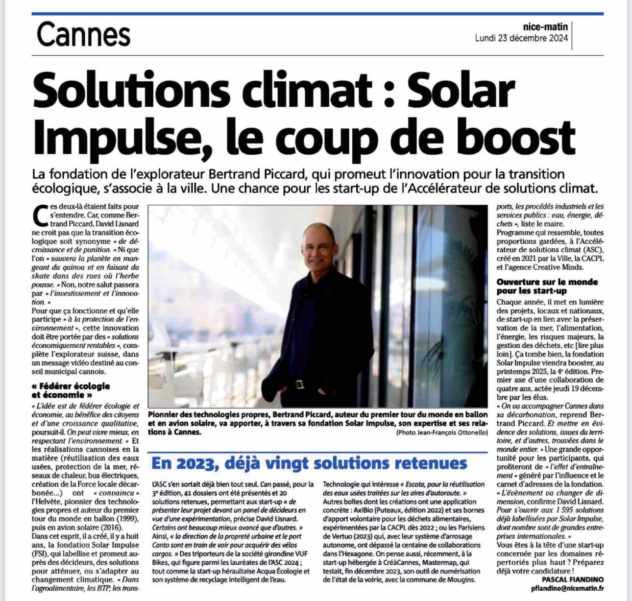La Mairie de Cannes s'associe à Solar Impulse pour promouvoir l'innovation pour la transition écologique, dans les secteurs privés et publics
