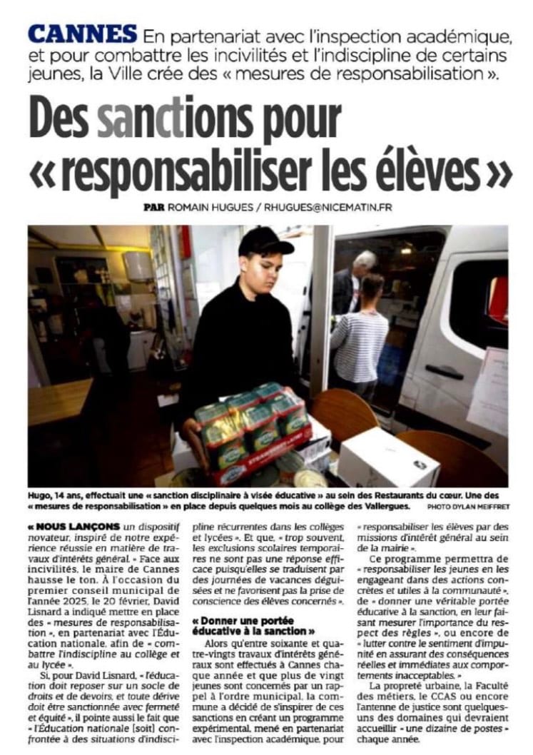 La Mairie de Cannes fera effectuer, en accord avec l’Éducation Nationale, des Travaux d’Intérêt Général aux élèves perturbateurs sanctionnés en conseil de discipline