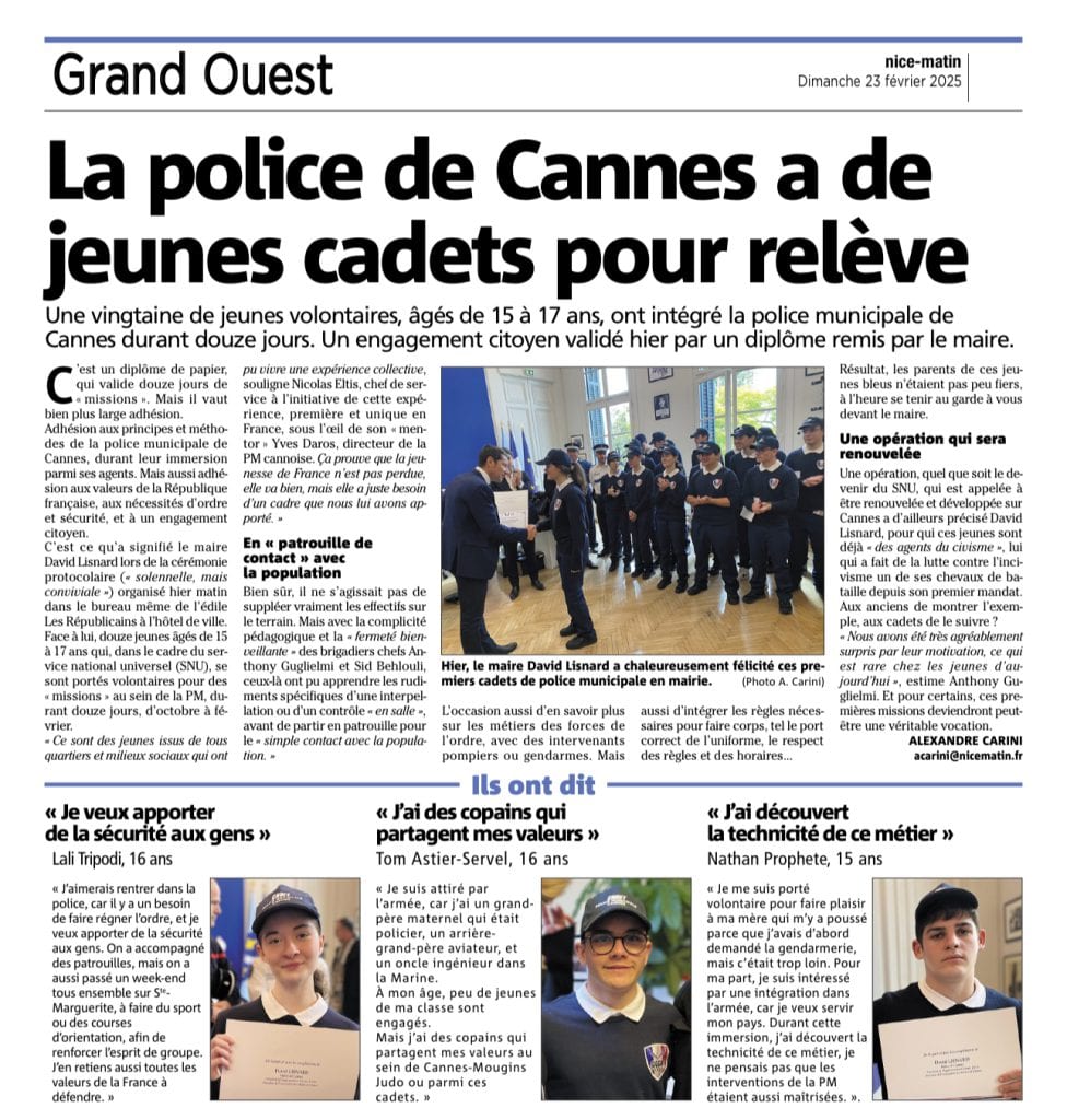 A Cannes, David Lisnard remet le diplôme de Cadet de la Police Municipale à 18 jeunes volontaires — illustration 1