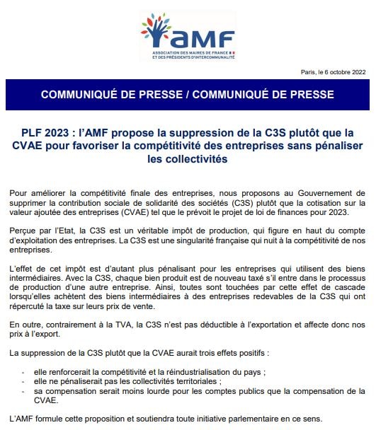 L'AMF propose la suppression de la C3S plutôt que la CVAE pour favoriser la compétitivité des entreprises sans pénaliser les collectivités — illustration 1