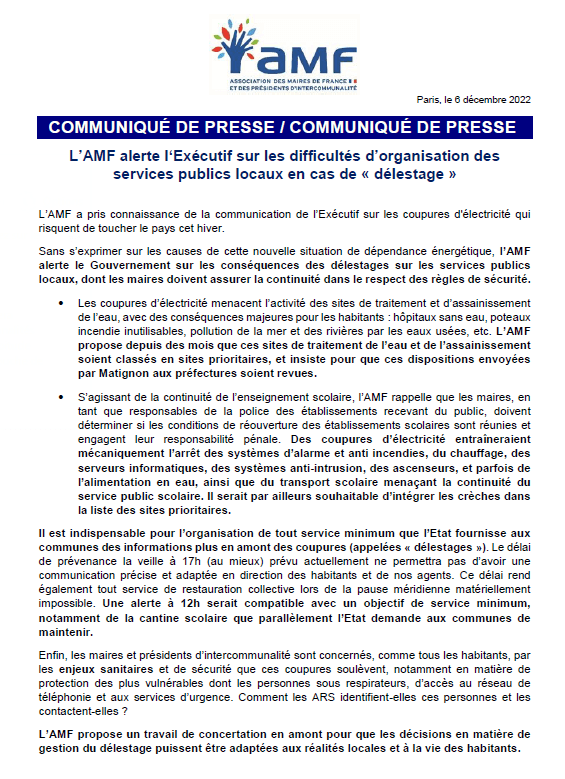 Crise énergétique : depuis plusieurs mois, l'AMF alerte l'Exécutif sur les difficultés d'organisation des services publics locaux, dont l'accès à l'eau potable, en cas de "délestage" — illustration 1