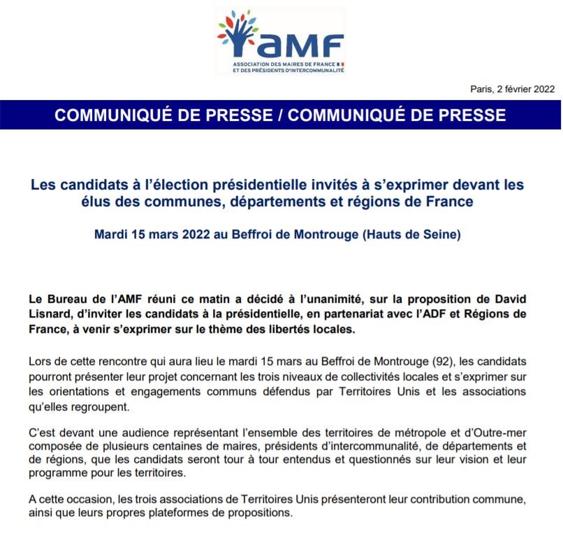 Les candidats à l’élection présidentielle invités à s’exprimer devant les élus des communes, départements et régions de France — illustration 1