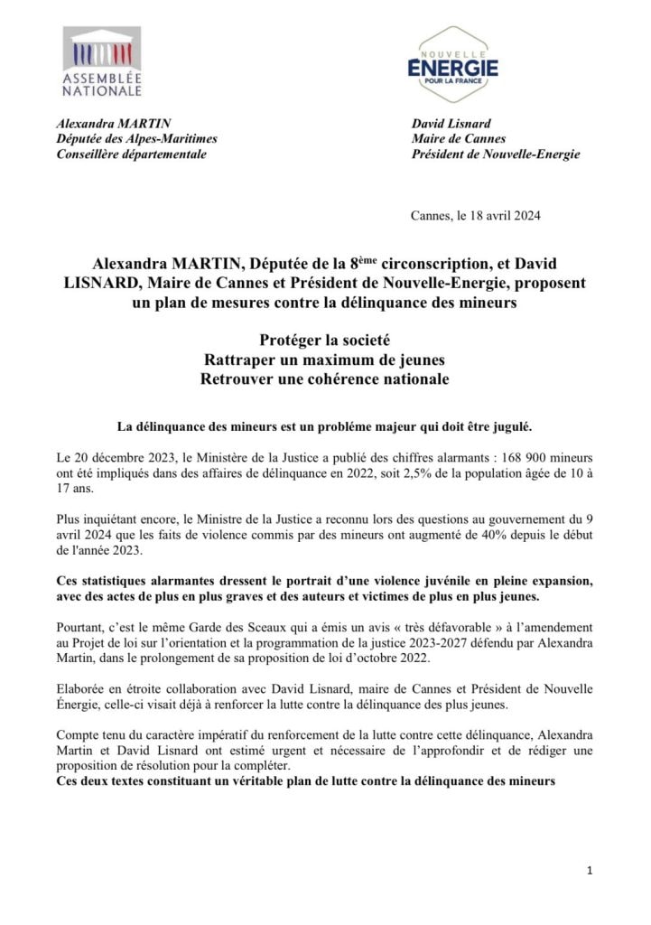 Alexandra Martin et David Lisnard proposent un plan de mesures fortes pour lutter efficacement contre la délinquance des mineurs — illustration 1