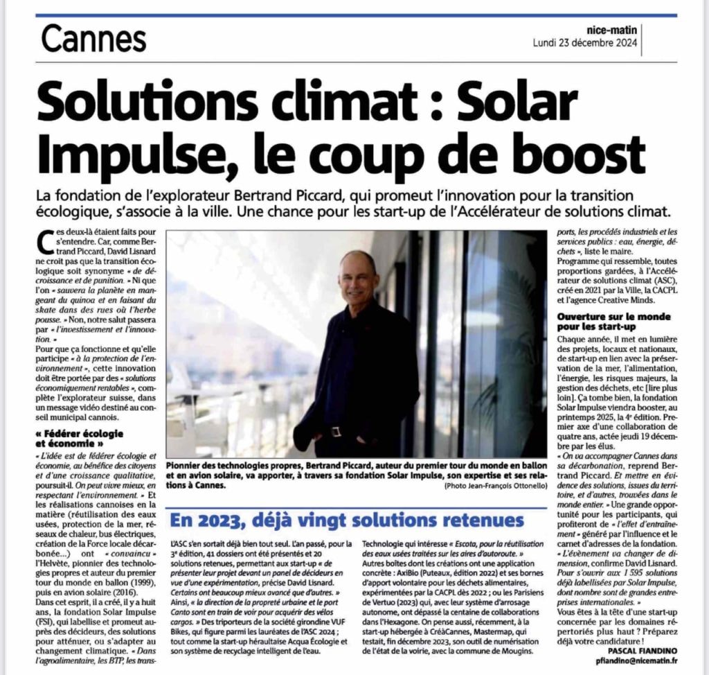 La Mairie de Cannes s'associe à Solar Impulse pour promouvoir l'innovation pour la transition écologique, dans les secteurs privés et publics — illustration 1