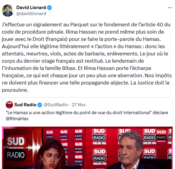 David Lisnard saisit la Justice après les propos abjects de Rima Hassan — illustration 1