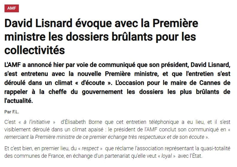 AMF : David Lisnard évoque avec la Première ministre les dossiers brûlants pour les collectivités