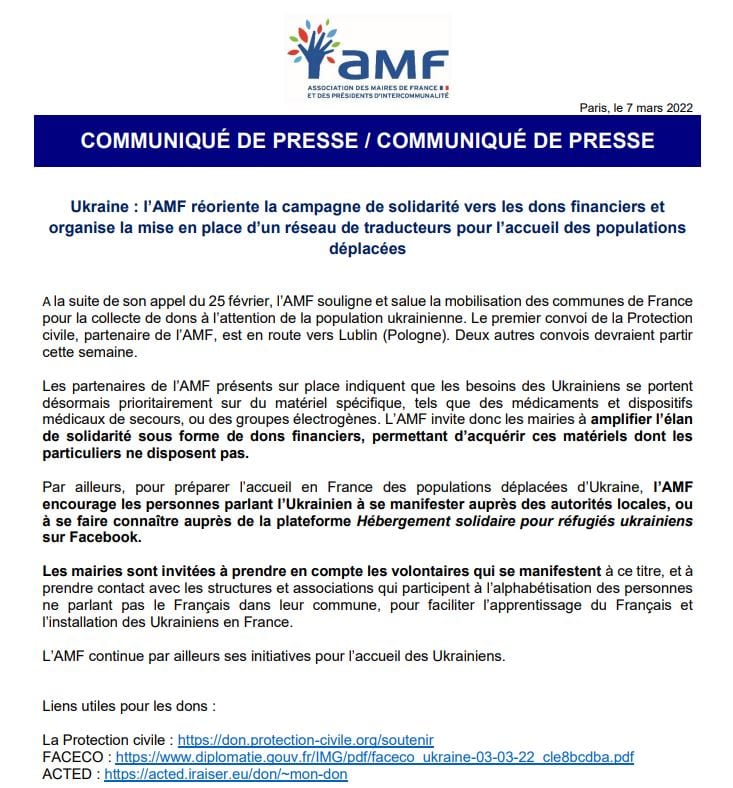 Ukraine : l'AMF réoriente la campagne de solidarité vers les dons financiers et organise la mise en place d'un réseau de traducteurs pour l'accueil des populations déplacées