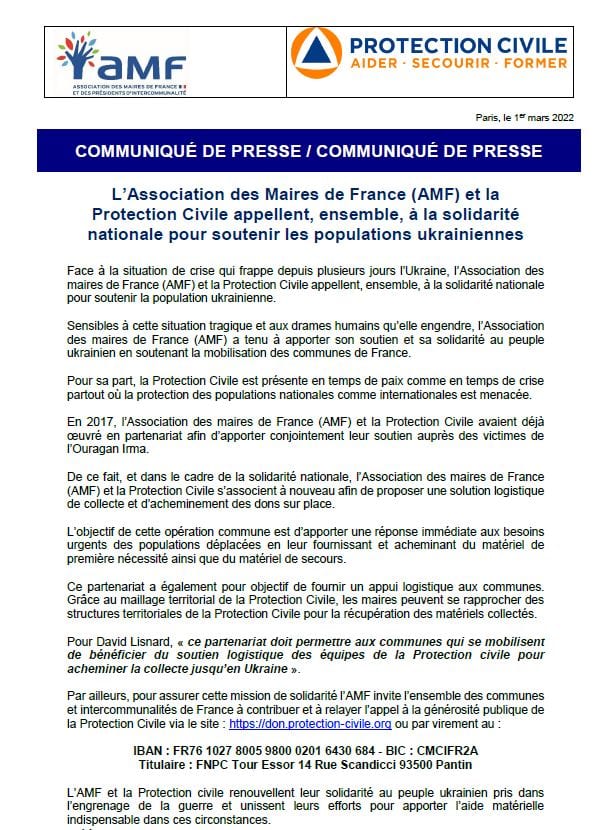L'AMF et la Protection Civile appellent, ensemble, à la solidarité nationale pour soutenir les populations ukrainiennes