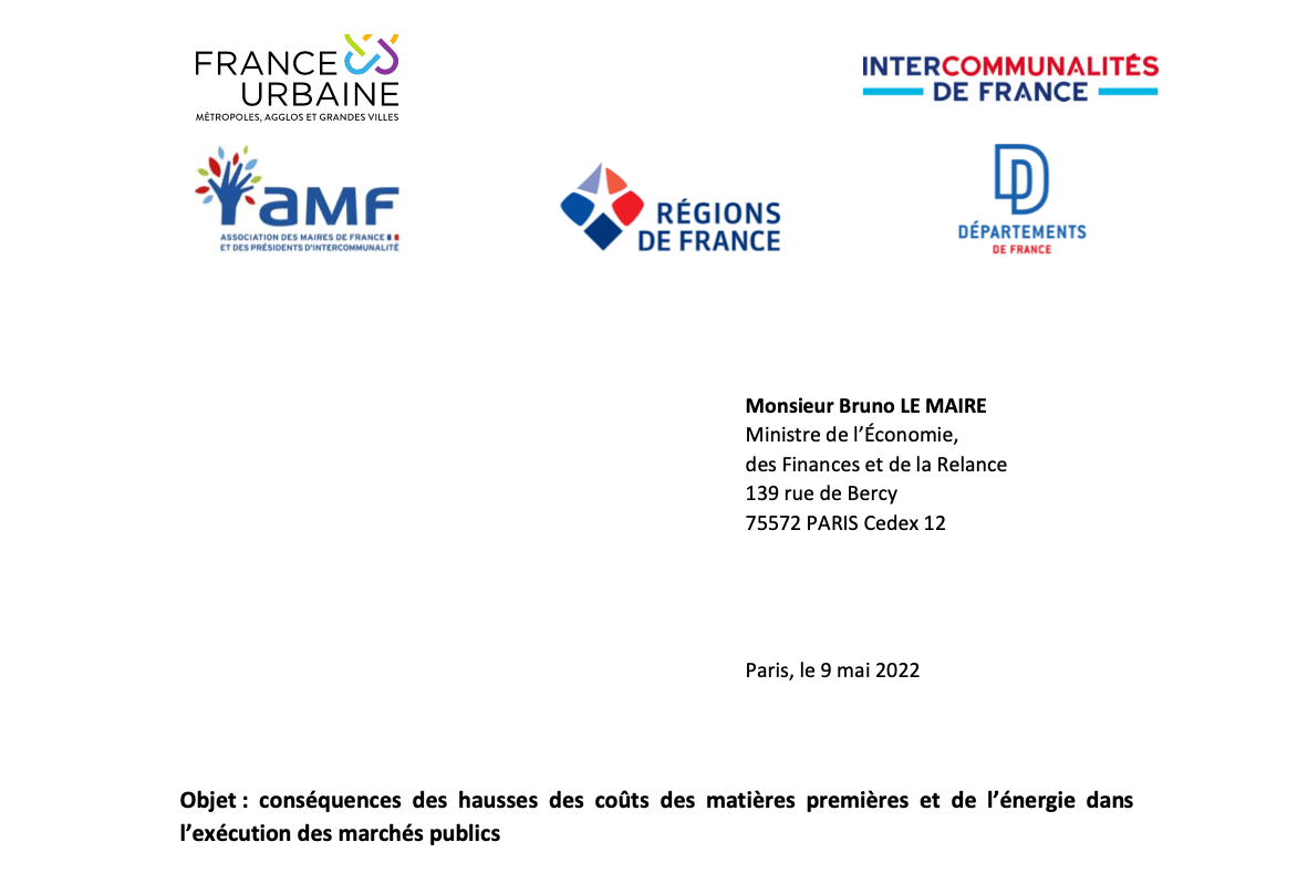 Conséquences des hausses des coûts des matières premières et de l’énergie dans l’exécution des marchés publics, AMF, France urbaine, Intercommunalités de France, Régions de France et Départements de le ministre de l’Économie, des Finances et de la Relance