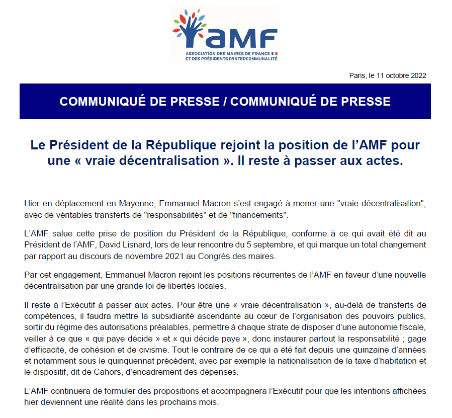 Le président de la République rejoint la position de l'AMF pour une "vraie décentralisation"