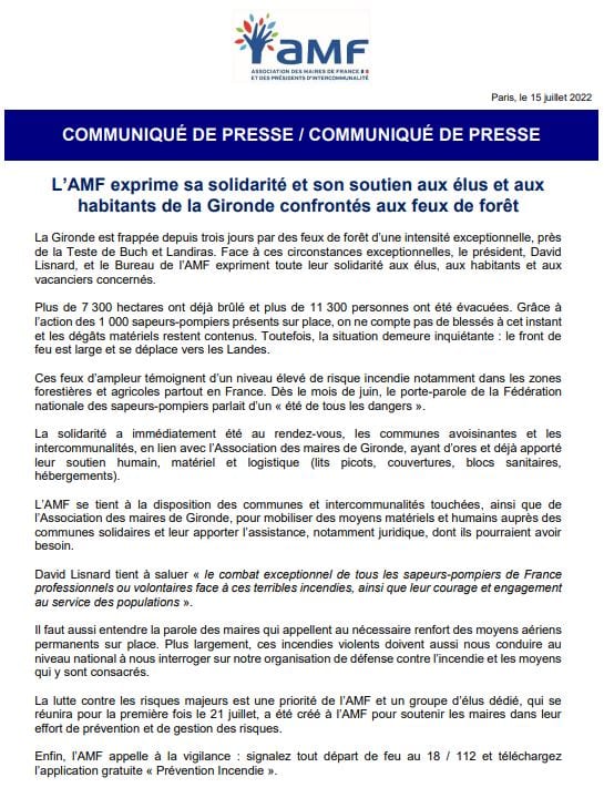 Incendies en Gironde : l’AMF exprime sa solidarité et son soutien aux élus et aux habitants