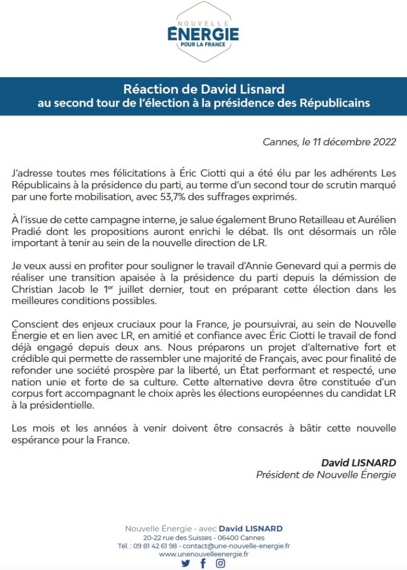 David Lisnard réagit au second tour de l'élection à la présidence des Républicains