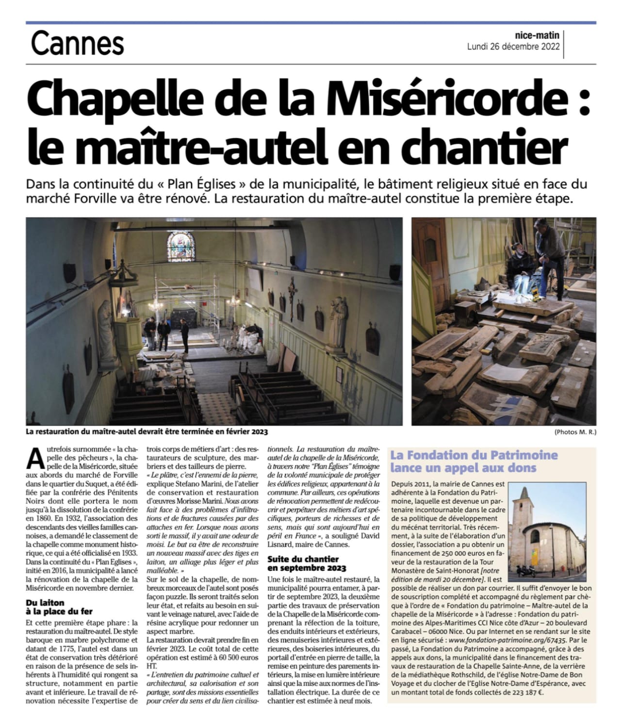 Cannes : le maître-autel de la chapelle de la Miséricorde en chantier
