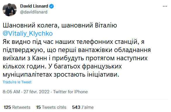 David Lisnard confirme au maire de Kiev l'arrivée des premiers camions cannois