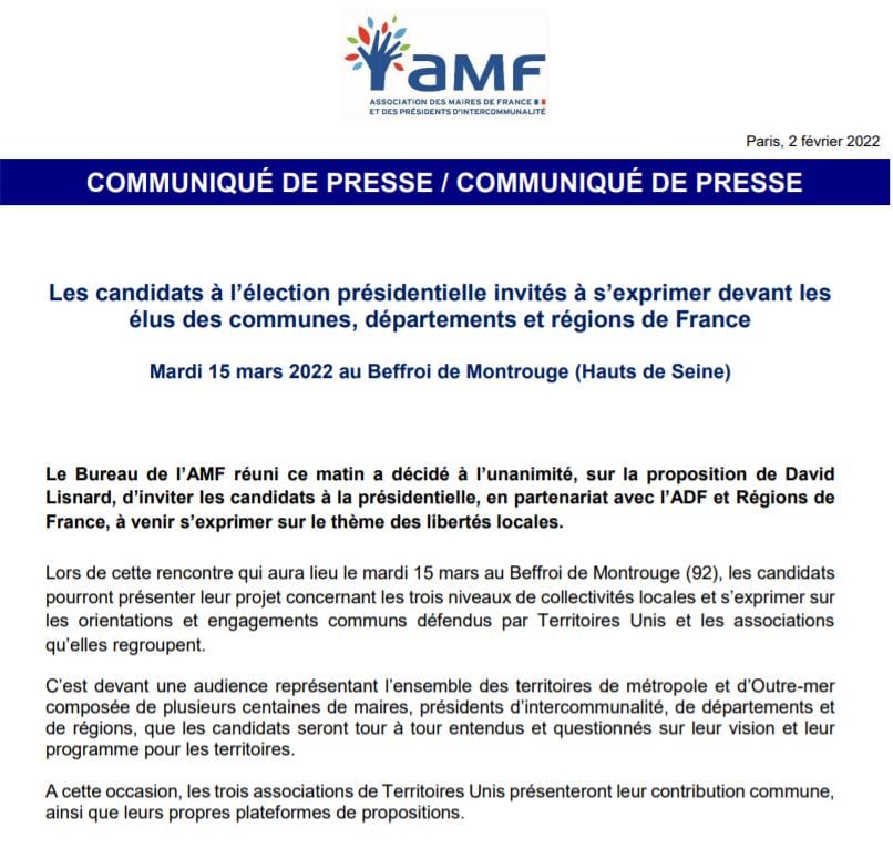 Les candidats à l’élection présidentielle invités à s’exprimer devant les élus des communes, départements et régions de France