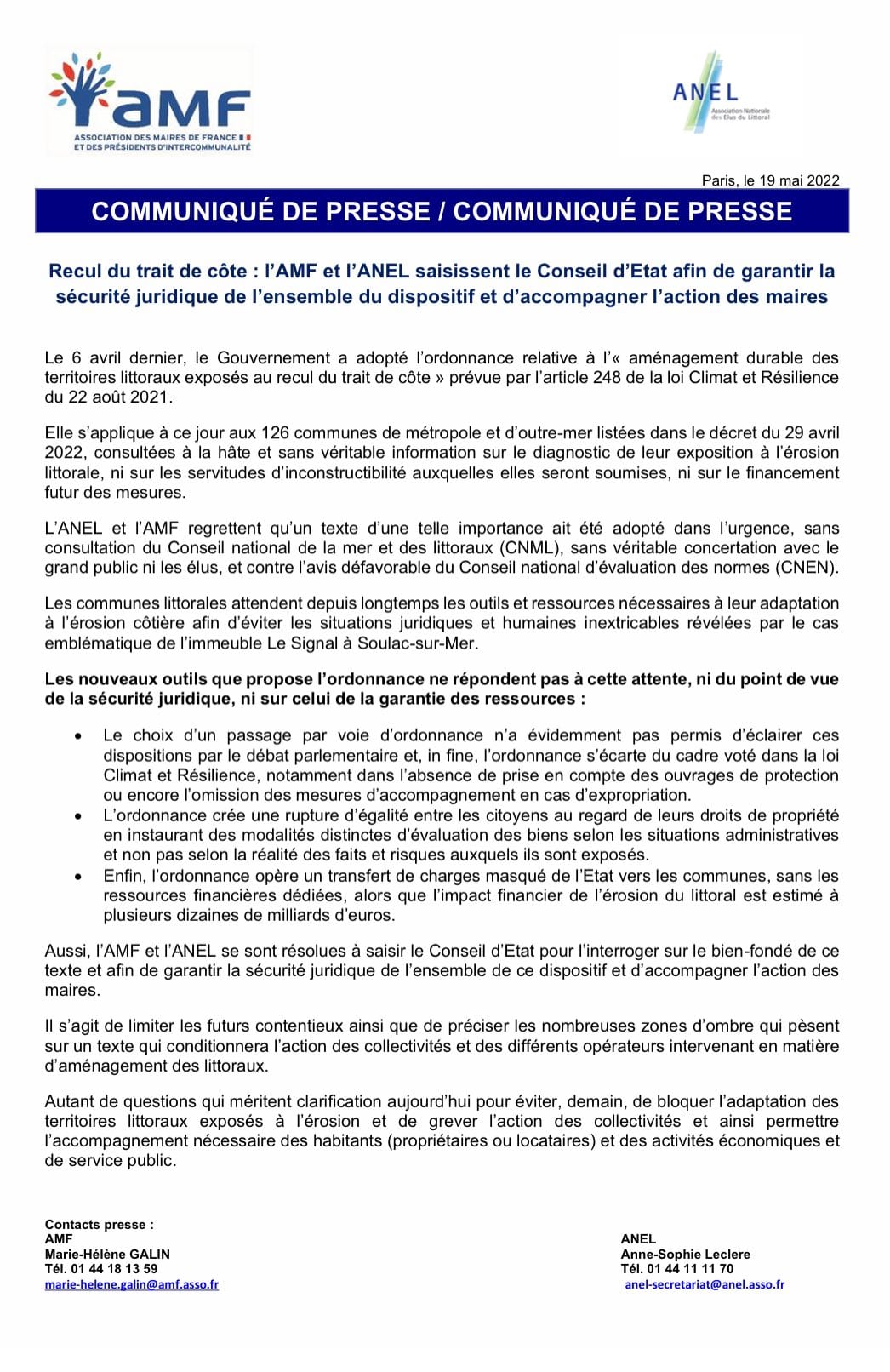 Recul du trait de côte : l’AMF et l’ANEL saisissent le Conseil d’Etat afin de garantir la sécurité juridique de l’ensemble du dispositif et d’accompagner l’action des maires