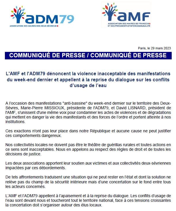 L'AMF et l'ADM79 dénoncent la violence inacceptable des manifestations du week-end dernier et appellent à la reprise du dialogue sur les conflits d’usage de l’eau