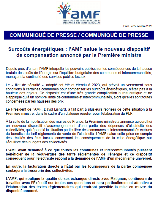 Surcoûts énergétiques : l'AMF salue le nouveau dispositif de compensation annoncé par la Première ministre
