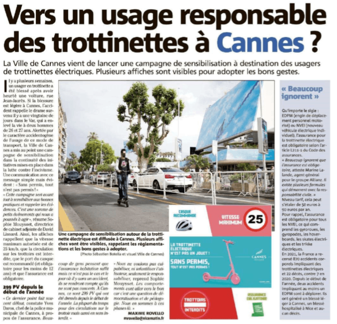 La Ville de Cannes lance une campagne de sensibilisation à destination des usagers de trottinettes électriques