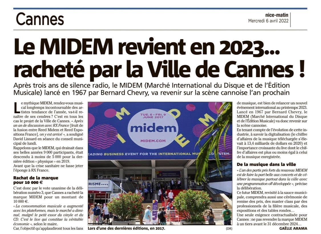 Le MIDEM revient en 2023... racheté par la Ville de Cannes !