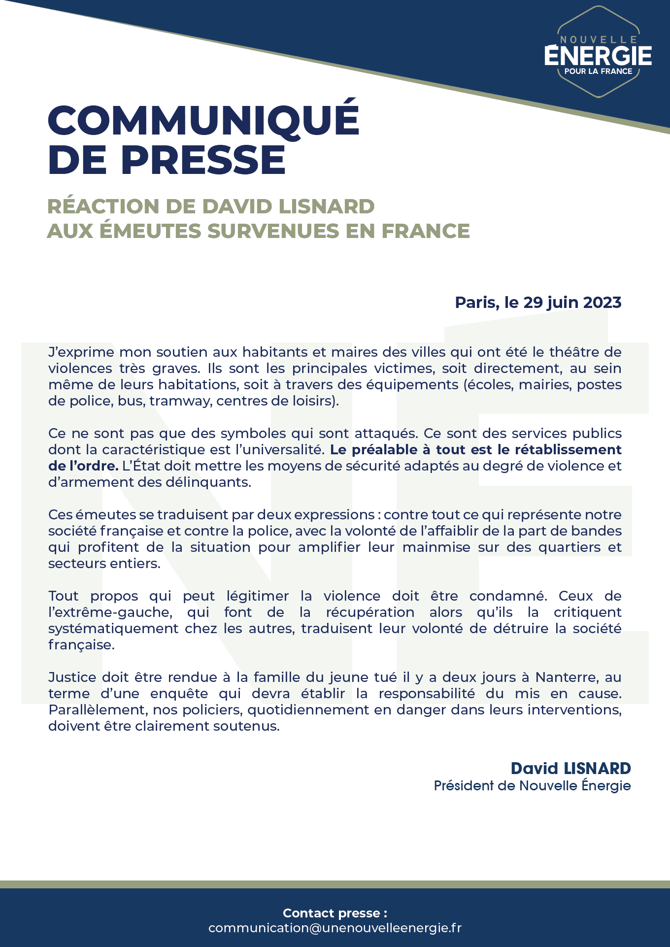 Réaction de David Lisnard aux émeutes survenues en France