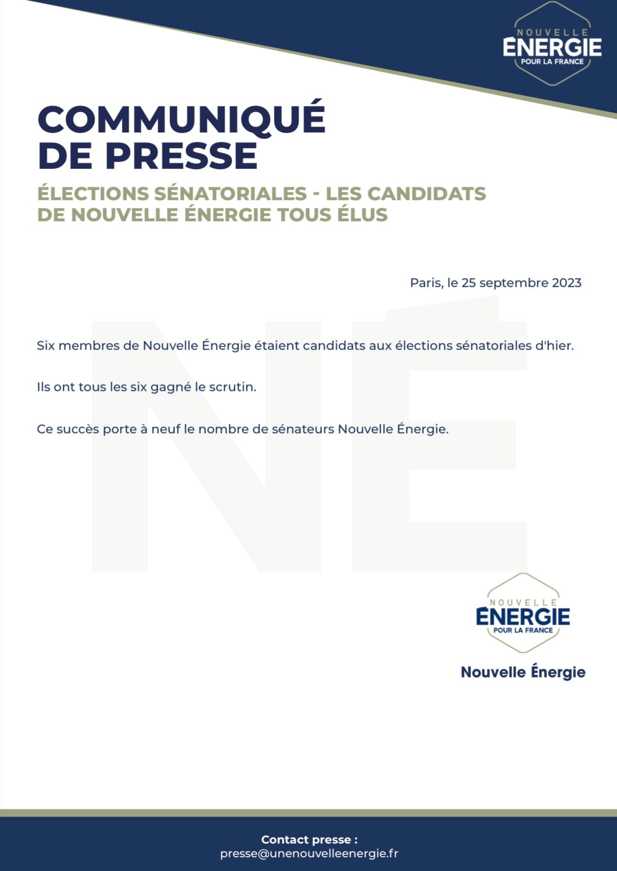 Élections sénatoriales : les candidats de Nouvelle Énergie tous élus
