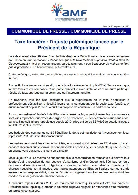 Taxe foncière : l'AMF répond à l'injuste polémique lancée par le président de la République