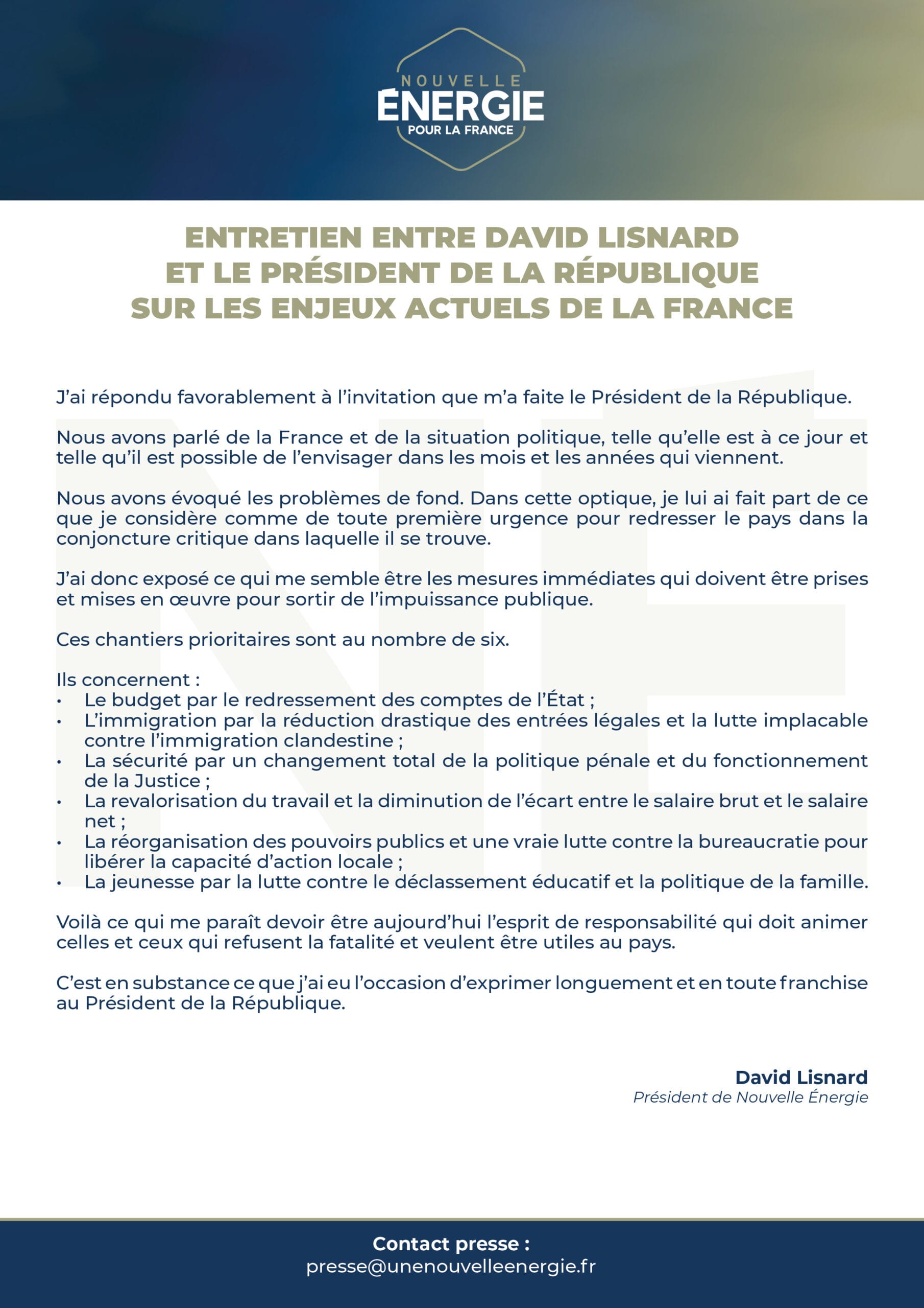 David Lisnard définit 6 axes prioritaires pour sortir de l'impuissance publique