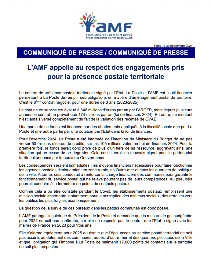La Poste : l'AMF appelle au respect des engagements pris pour la présence postale territoriale
